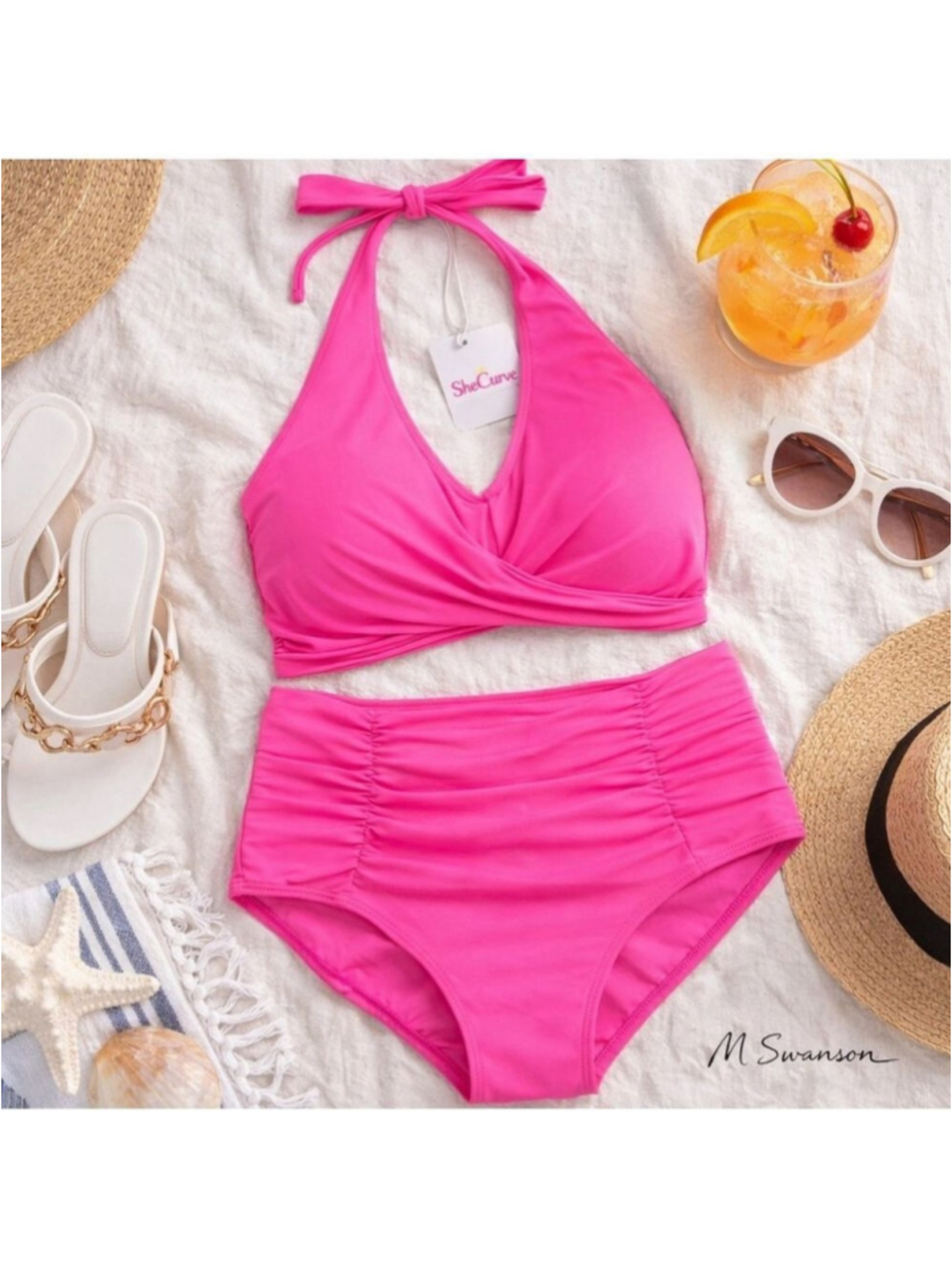 NEW SheCurve Swimwear Vibrant Pink High Waisted Halter Bikini Set XL NWT